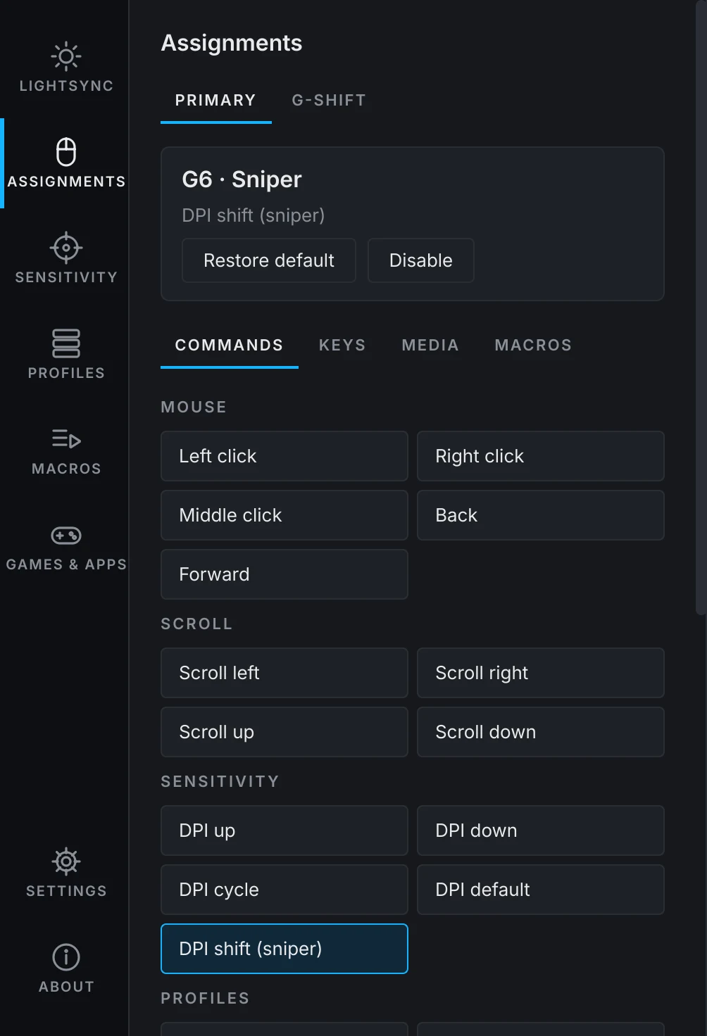The Assignments page with the G6 sniper button selected