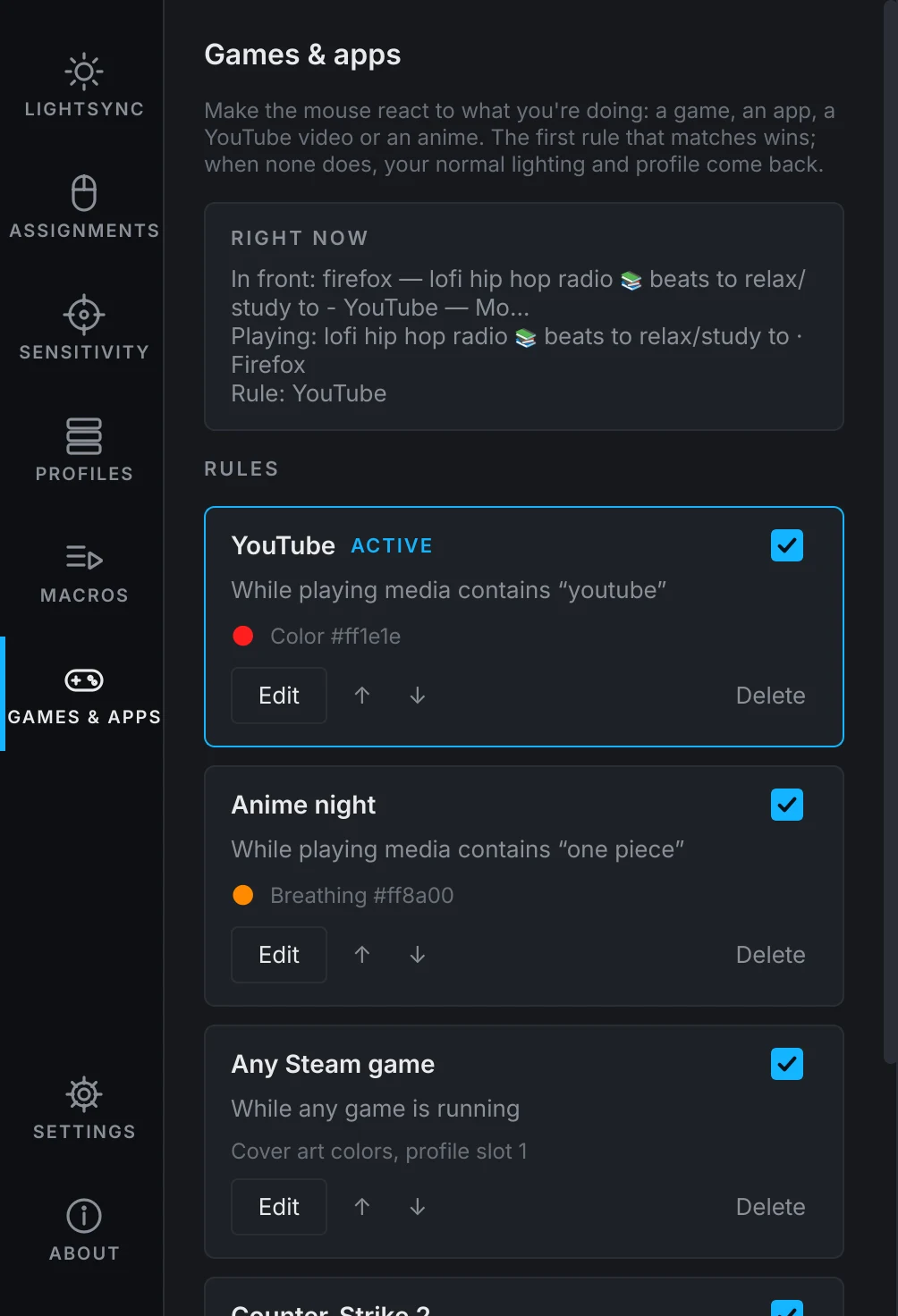 The Games and apps page with a YouTube rule active