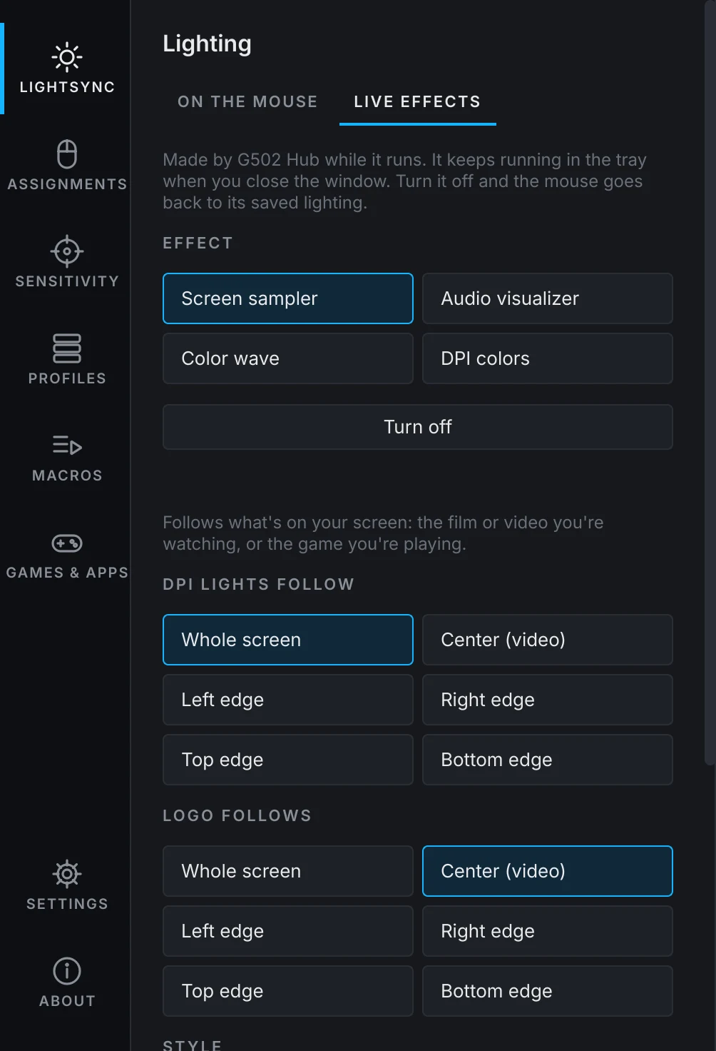 The Lightsync page with the screen sampler selected
