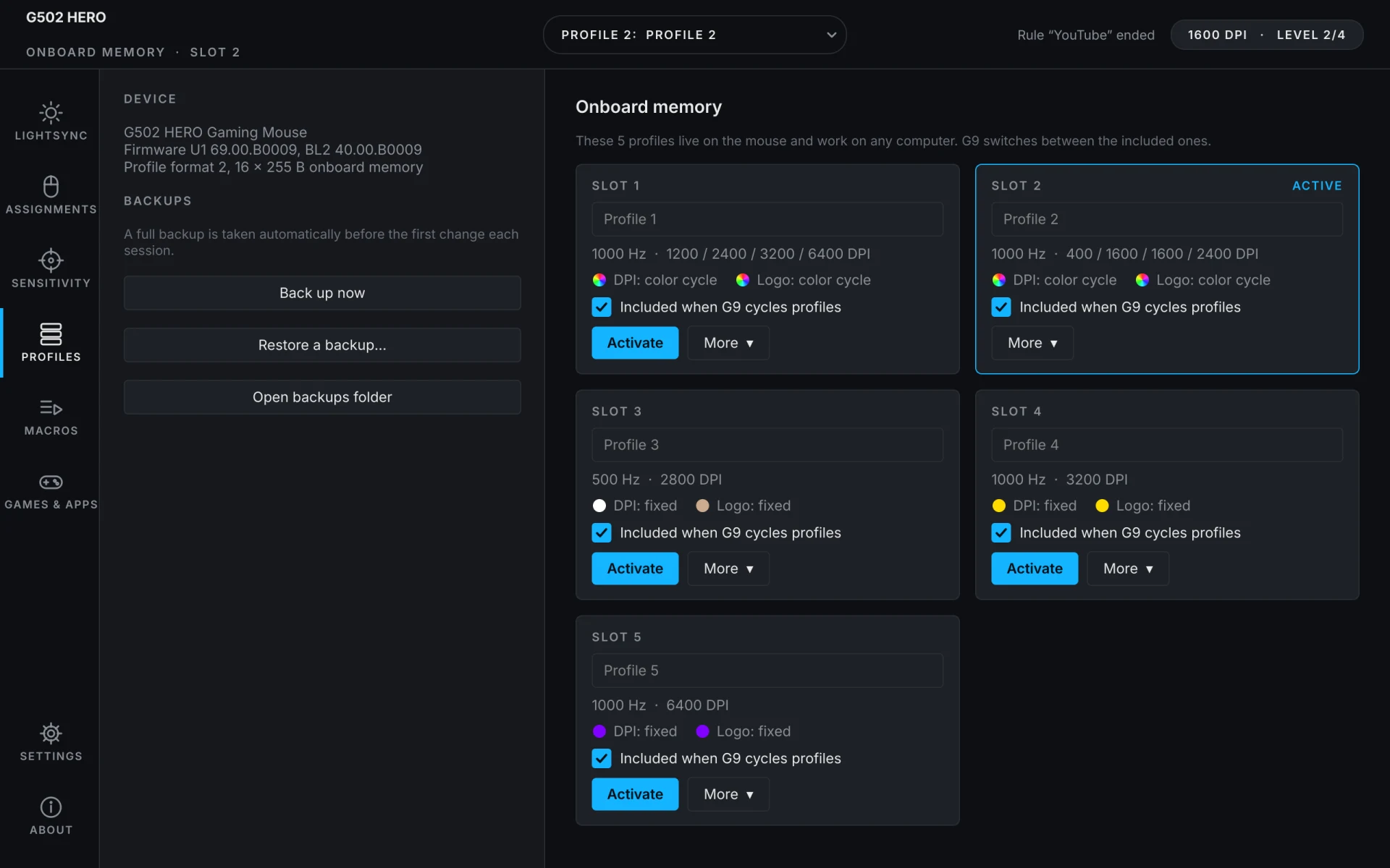 The Profiles page with five onboard slots
