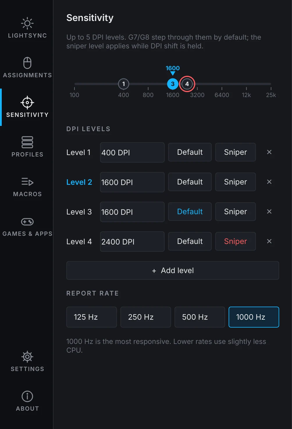 The Sensitivity page with four DPI levels on a track and the report rate at 1000 Hz